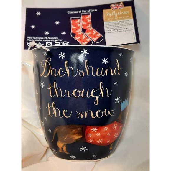 New Milly Green Christmas Dog Mug & Socks Set “Dachshund Through The Snow" Blue - Picture 4 of 9